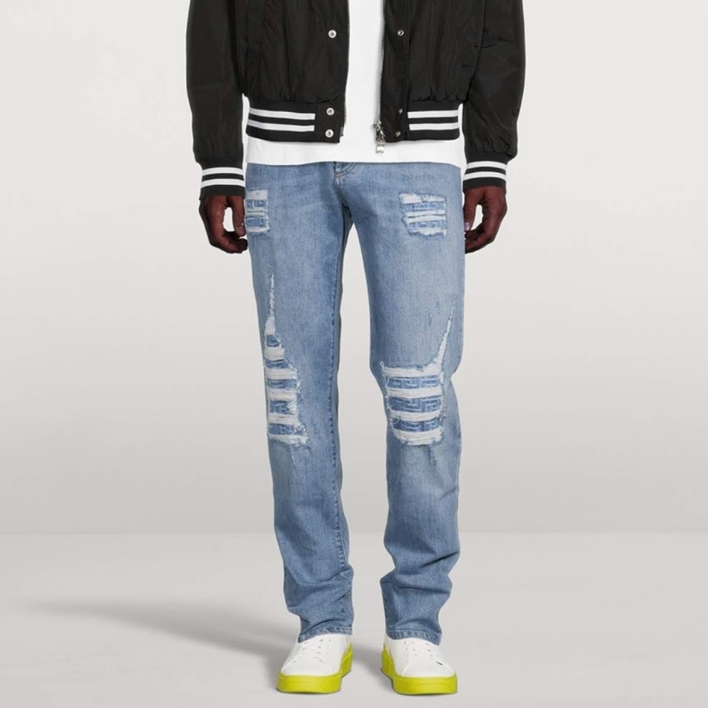 BALMAIN Slim Fit Ripped Jeans with Monogram Pattern